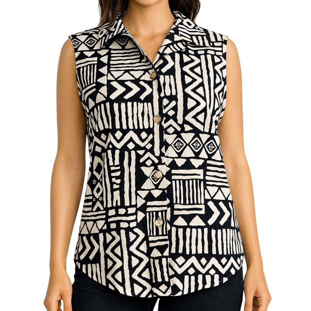 Central Falls Vintage Linen Cotton Sleeveless Navy Button Down Tribal Top Medium